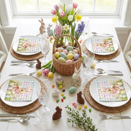 NatNarr 50 Pcs Easter Paper Napkins, 6.5 x 6.5 Inch Cute Bunny Napkins Disposable Pastel Plaid Eggs Easter Cocktail Napkin for Decoupage, Spring Party, Baby Shower - Thumbnail 5