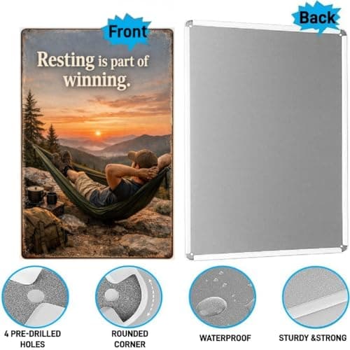 Resting Is Part Of Winning Tin Sign Inspirational Quote Metal Wall Decor Mountain Sunset Hammock Camping Scene Rustic Motivation Plaque Relax Outdoor Adventure Art For Home Office Cabin 8x12 Inch - Thumbnail 6