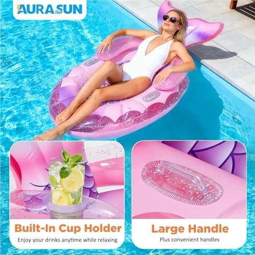 Mermaid Pool Float Bed for Adults - 63" X 39" Premium Inflatable Lounger with Backrest & Cup Holder, Glitter Interior, Comfortable Sunbathing Raft with Handles for Party Pool Beach Lake (Pink) - Thumbnail 4