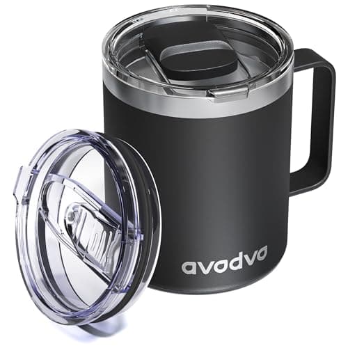 avodvo 12oz Insulated Coffee Mug with Lid – Includes Two Lids, Stainless Steel Coffee Travel Mug with Handle, Double Wall Vacuum Insulated Camping Mug for Home, Office & Outdoor, Black