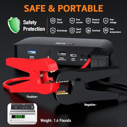 BOOKOO Car Battery Jump Starter 4000A,16000mAh Portable Battery Jumper Cables for Car 8L Gas 7L Diesel Engines,Jump Box with USB QC 3.0 PD 18W Fast Charging,3 LED Modes with SOS for Emergency Use - Thumbnail 5