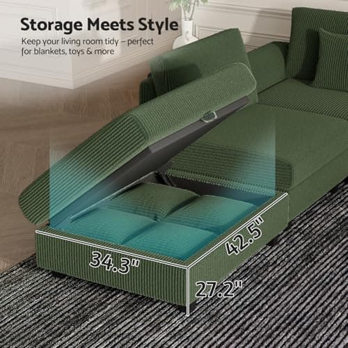 Oversized Modular Sectional Sofa with Storage, Modern Sleeper Sofa, Extra Deep Seat Comfy Corduroy Cloud Couch with Ottoman and 5 Pillows for Living Room (U Shape Sectional with Storage, Green) - Thumbnail 3
