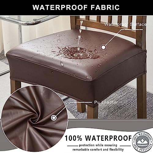 NILUOH Waterproof Seat Covers for Dining Room Chairs Set of 4, Pu Leather Chair Seat Slipcovers Dining Chair Cover Removable Washable Chair Protctor Cover, Rear Covers (PU-Coffee) - Thumbnail 3