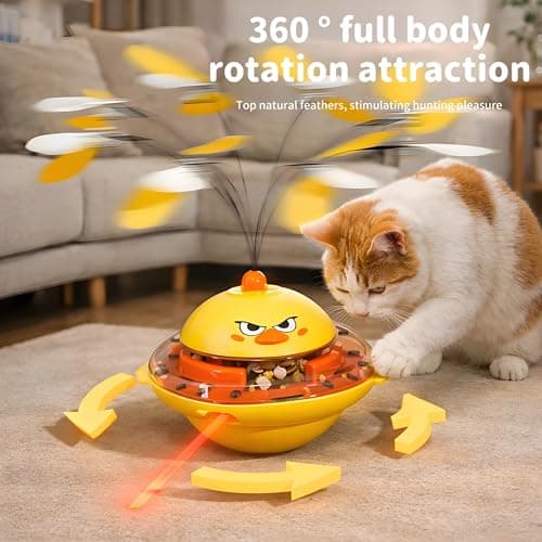 hooroor 4-in-1 Automatic Cat Toy, Interactive Laser & Feather Teaser with Bird Sounds & Treat Reward, Self-Balancing 360° Spinning Enrichment Exercise Toy for Bored Indoor Cats & Kittens - Thumbnail 3