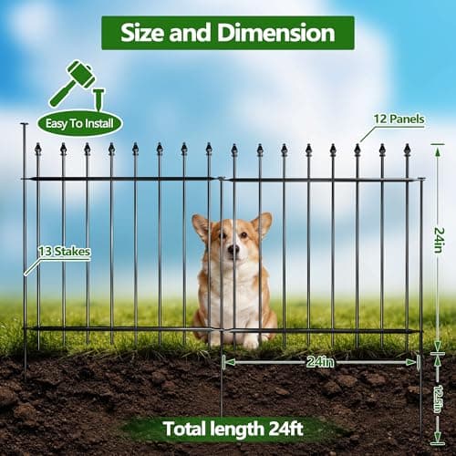Decorative Metal Garden Fence，(12 Panels+ 13 Posts), 24 ft(W) x 24 in(H), High Metal Border Fence, Classic Roman Column Decoration, Garden and Lawn Landscape Fence, Black Animal Fence - Thumbnail 2