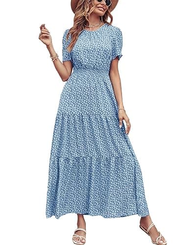 PRETTYGARDEN Women's Summer Casual Short Flutter Sleeve Round Neck Smocked Waist Tiered Boho Floral Flowy Maxi Dress(Leaves Sky Blue,XX-Large) - Image 1