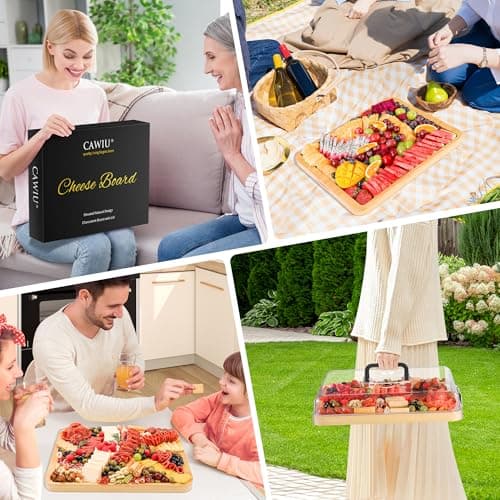 CAWIU Portable Travel Charcuterie Board with Lid and Handle - Large Bamboo Cheese Board with 4 Cheese Knife Set for Outdoor, Picnics - Weddings, House Warming Gift for Women (1 Compartment, Black) - Thumbnail 6