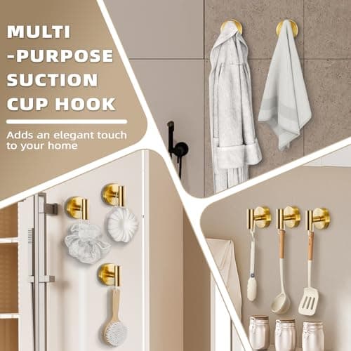 Fenas Suction Cup Hooks for Shower - Bathroom Reusable Hooks for Towels, Robes & Loofah - No-Drill Mounting on Kitchen,Walls,Metal,Glass,Mirrors,Tile & Smooth Non-Porous Surfaces (2, Brushed Gold) - Thumbnail 4