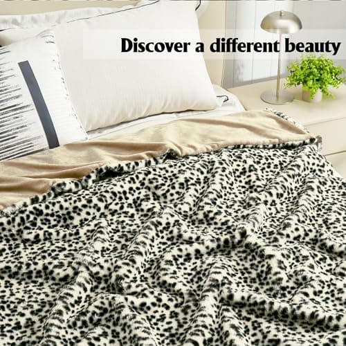 JONIYEAR Soft White Snow Leopard Faux Rabbit Fur Blanket Twin Size 60" x 70",Oversized Luxe Cozy Fluffy Cheetah Blankets for Sofa,Reversible Fuzzy Warm Animal Printed Blanket for Women Winter,Washable - Thumbnail 3