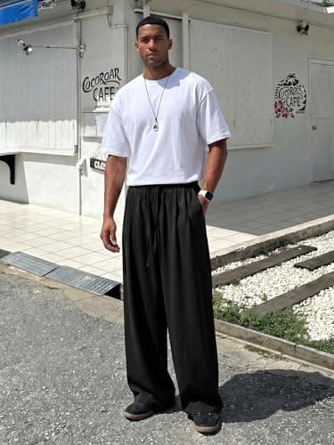 Areant Mens Lightweight Summer Pants Baggy Loose Fit Breathable Casual Sweat Pants Elastic Waist Drawstring for Beach Vacation Lounge Black Small - Thumbnail 3