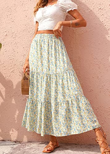 KIRUNDO Women 2026 Spring Summer High Waist Boho Floral Maxi Skirt Trendy Casual Flowy Swing Pleated A Line Beach Long Skirts(Light Blue, Medium) - Thumbnail 2