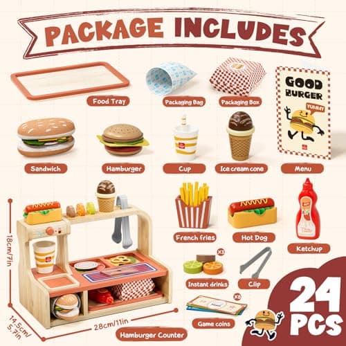 Lehoo Castle Wooden Play Food Sets, Play Hamburger Counter Shop, Toy Food for Toddlers, Play Food Sets for Kids Kitchen, Fake Food Pretend Play for Toddlers 3-5 - Thumbnail 2