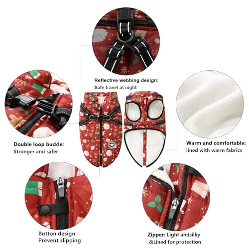 Aiboria Dog Jacket Windproof Fleece Dog Sweater with Padded Vest Chest Strap Harness Dogs Coat Christmas Red S - Thumbnail 2