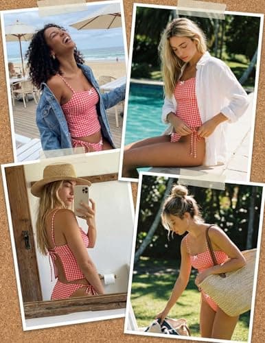 seamoly Bikini Swimsuits for Women Tankinis String Two Piece Bathing Suit High Cut Sexy Bikini Set Beachwear Red Gingham XS - Thumbnail 6