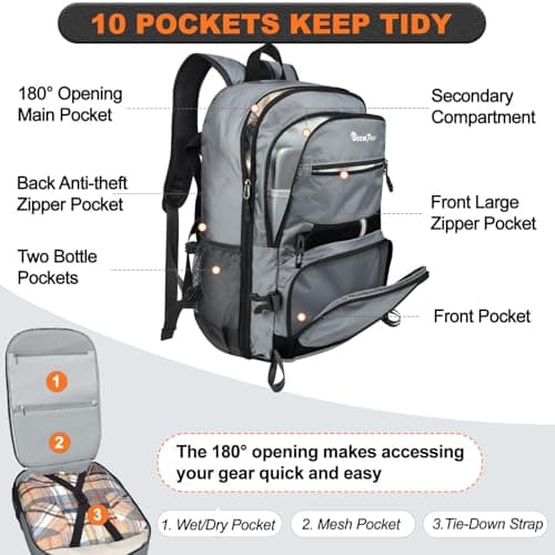 Seektop Lightweight Travel Backpack for Men Women, Multiple Pockets 40L Hiking Backpack Foldable Carry on Backpack for Outdoor Camping Sport Leisure (Gray) - Thumbnail 2