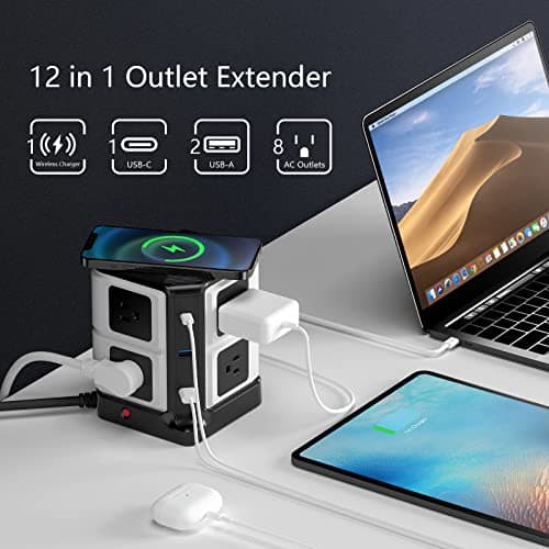 PD 20W USB C Power Strip with Wireless Charger BESTEK 8-Outlet Surge Protector and 30W 3-Port USB Charging Dock Station,4000 Joules,ETL Listed,Dorm Room Accessories (8AC+3USB+Wireless Charger-Black) - Thumbnail 2