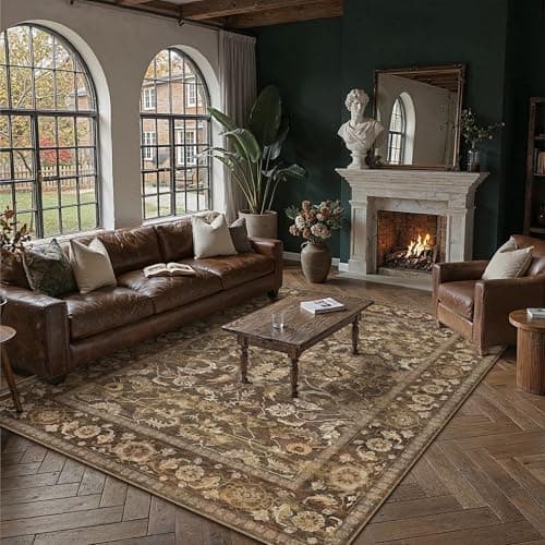 Berthmeer 8x10 Area Rugs for Living Room, Ultra Soft Washable Non-Slip Rug for Bedroom Low-Pile Vintage Distressed Floral Print Accent Carpet for Dining Room Home Decor Office Brown - Thumbnail 2