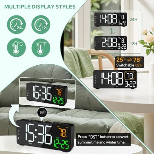 EVILTO Digital Alarm Clocks for Bedrooms, RGB Desk Clock with 15 Color Display, Date Temperature and Weekday, DST, Snooze, 2 Alarms, Ambient Lighting for Living Room, Bedside Office Gaming Desk Decor - Thumbnail 6