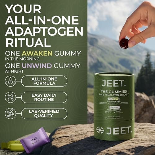 JEET. Himalayan Shilajit Gummies | AM + PM Adaptogen System | Ashwagandha, Rhodiola Rosea, Bacopa Monnieri, Mucuna Pruriens, Saffron | Energy, Focus, Mood and Sleep Support | 820mg | Vegan | 60 Count - Thumbnail 2