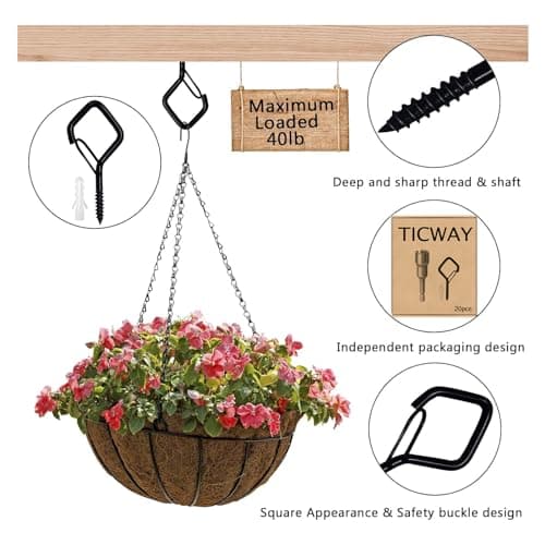 Ticway 20 PCS Q-Hanger Hooks for String Lights, Ceiling Hooks for Hanging Plants, Wind Chimes, Bird Feeders, Lanterns, Christmas Decorations (Square Hanger) Black - Thumbnail 3
