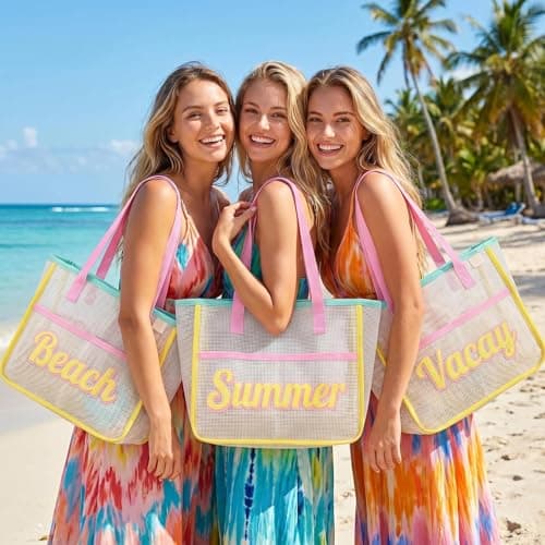 personalized customization Monogram Mesh Beach Tote Bag Large Sand Resistant Reusable Summer Pool Shopping Handbag, Custom Gift for Mom Bridesmaid Birthday - Thumbnail 3