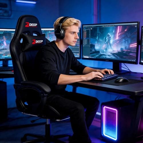 DEEPfurniture Gaming Chair with Footrest, Ergonomic Game Chair with Lumbar Support and Linkage Armrest, Reclining Computer Chair Height Adjustable for Home Office Father's Day(1001-Black) - Thumbnail 2