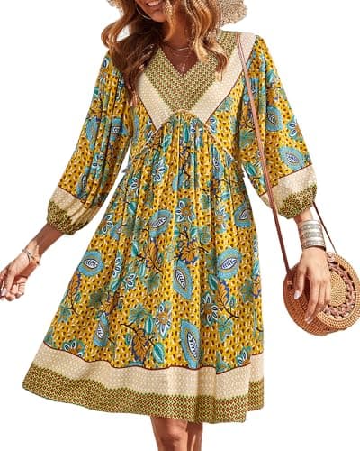 BTFBM Womens Summer Dresses 2026 Casual V Neck 3/4 Long Sleeve Ruffle Floral Flowy Boho Babydoll Mini Spring Beach Dress(Floral Yellow Apricot, Medium) - Image 1