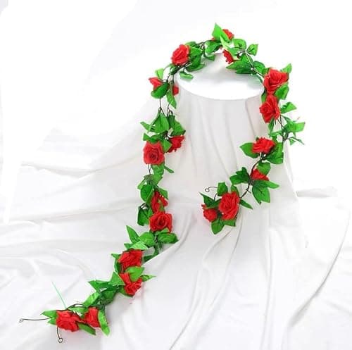 niuniufine 50FT Artificial Flowers Garlands Red 6PCS Silk Rose Hanging Vine with Green Leaves for Wedding Arch Party Christmas Home Decoration Flowers Arrangement - Thumbnail 6