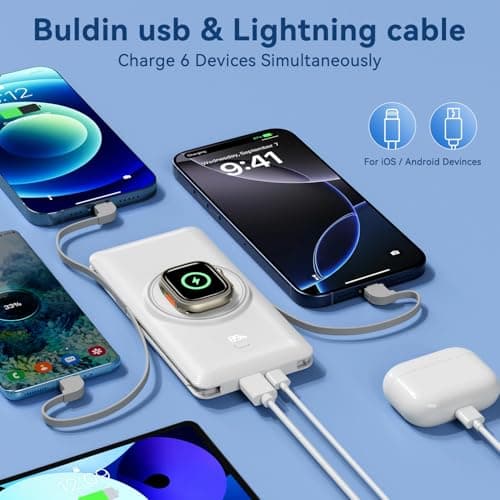 Magnetic 10000mAh Portable Charger for iWatch & iPhone, 22.5W USB C Fast Charging Wireless Power Bank Built-in Cables and Wall Plug, External Travel Battery Pack Compatible with iOS Android Devices - Thumbnail 6