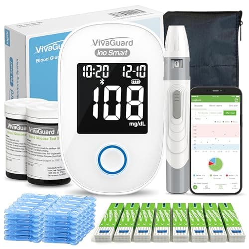 VivaGuard Ino Smart Blood Glucose Monitor Kit with Free App, Bluetooth and Rechargeable Blood Glucose Meter with 100 Strips & 30G Lancets, 1 Lancing Device, Blood Sugar Diabetes Testing Kit, No Coding
