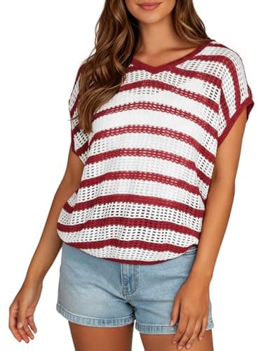 Yousify Womens Summer Crochet Tops Cap Sleeve Knit Pullover Sweater Vest V Neck Cover Ups Beach Vacation Clothes Red - Thumbnail 4
