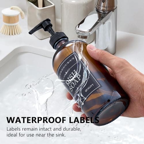 Soap Dispenser Set – 16oz Refillable Amber Glass Bottles with Brush Holder, Dish Scrub, Diatomite Tray, 12 Waterproof Labels – Brown Non-Slip Base for Home Upgrade, Rustic Farmhouse Style (Set of 6) - Thumbnail 3