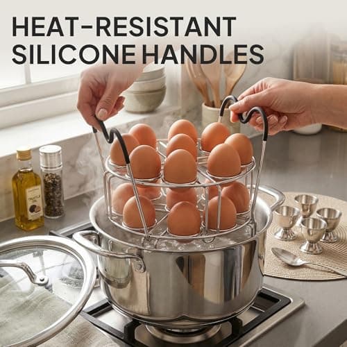 Stackable Egg Steamer Rack Holds 18 Eggs with Handles, Stainless Steel Instant Pot Trivet Fits 6qt/8qt Pressure Cooker, 2-in-1 with Skewers for Grilling - Thumbnail 3