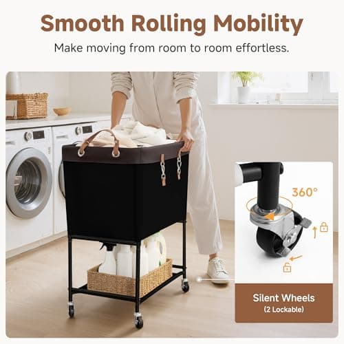 StorageWorks Laundry Cart, 2 Tier Rolling Laundry Basket, Heavy Duty Laundry Basket with Lockable Wheels, Laundry Room Organization and Storage, Clothes Hamper for Bedroom, Dorm, Closet, 29Gal, Black - Thumbnail 4