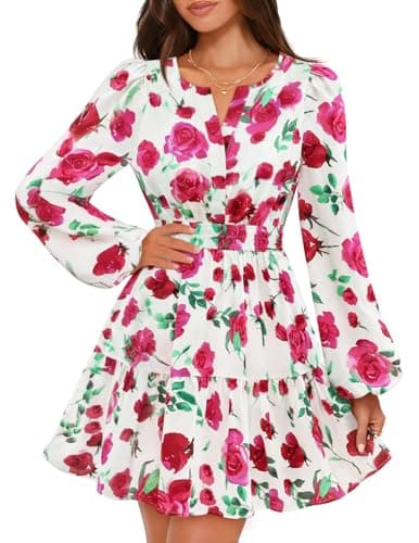 MEROKEETY Fall Wedding Guest Dresses for Women Long Sleeve Floral Casual Lightweight Flowy Swing Boho Dress Pockets, White, X-Large