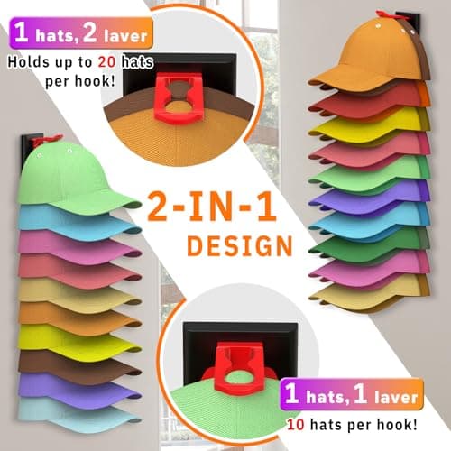 Volnamal Hat Organizer for Baseball Caps, 2 Pack Hold Up to 40 Hats, Hat Rack for Wall Space Saving, Hat Hanger w/Strong Adhesive Hat Storage Holder Display for Closet Door and Wall (Black & Color) - Thumbnail 2