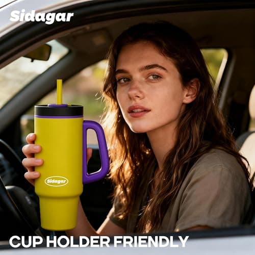 Sidagar Tumbler with Handle,36 oz Ceramic Lined Travel Mug Water Bottle with Straw,Vacuum Insulated Stainless Steel Cup with Lid,Fits Cup Holder, Leak Resistant Press-in Lid,Green - Thumbnail 5