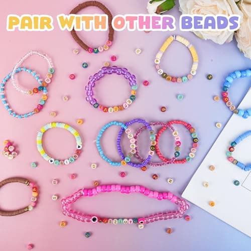 Gionlion 1200+Pcs Colorful Round 4x7mm Letter Beads for Bracelet Making, Acrylic Alphabet Beads for Jewelry Making, DIY Friendship Bracelets with Gold Letters on Colorful Beads - Thumbnail 6