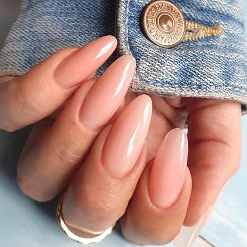GLAMERMAID Coral Pink Press on Nails Medium Almond, Neutral Nude Jelly Gel Glue on Nail, Pure Light Baby Pink Short Stiletto Reusable Fake Nails, 30 Pcs Acrylic Oval False Nails Manicure Kit for Women