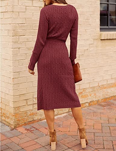 MEROKEETY Women's 2025 Fall Long Sleeve Bodycon Sweater Dress Winter V Neck Cable Knit Slit Midi Dresses, Burgundy, XL - Thumbnail 4
