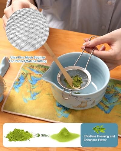Matcha Whisk Set, Japanese Matcha Kit Set 7-Pcs with Matcha Bowl (Chawan), Matcha Whisk and Holder, Bamboo Scoop, Scoop Rest, Sifter and Tea Towel - Authentic Tea Ceremony Tools for Tea Lovers(Blue) - Thumbnail 3