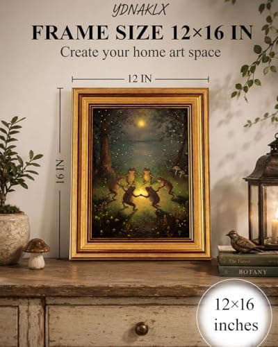 Gold Framed Wall Art, Vintage Whimsical Dancing Frogs Canvas Prints, Moonlight Woodland Animal Picture Wall Decor, Dark Academia Cottagecore Forest Artwork for Nursery Bedroom 12x16 inch - Thumbnail 2
