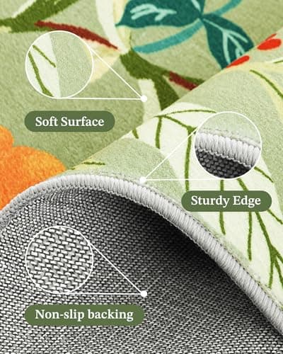 Carvapet 5x7 Scalloped Area Rug, Washable Floral Botanical Low Pile Boho Rugs for Living Room Bedroom Nursery, Non Slip Soft Stain Resistant, Green Indoor Carpet - Thumbnail 2