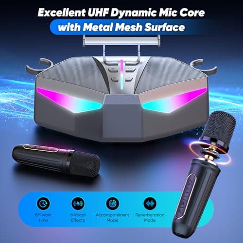 RayangSound Karaoke Machine,Real 35W Portable Speaker,8H Long Time, 2Rechargeable Wireless Microphones,LED,Karaoke Machine for Adults & Kids,BT/FM/USB/TF/AUX,for Home Party/Outdoors(CHJ161-SilverGray) - Thumbnail 5