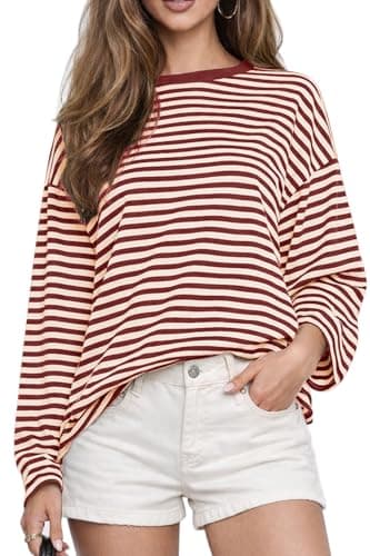 CHYRII Womens Oversized Striped Long Sleeve T Shirt Fashion 2026 Crewneck Casual Fall Spring Tops Y2K Clothes (Red L) - Image 1