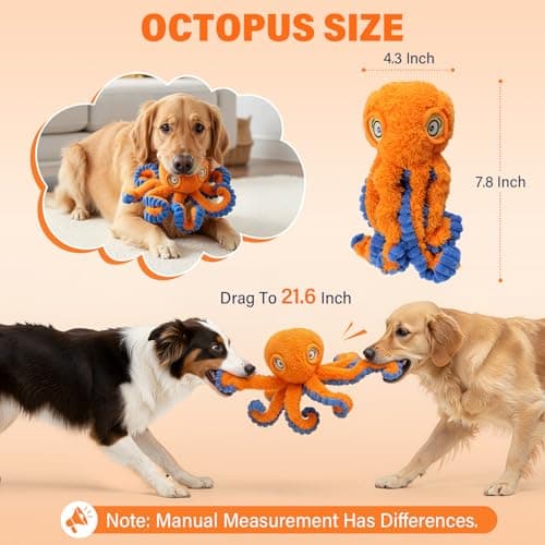 VOXGET Dog Octopus Squeaky Toys, Interactive Tug of War Doggie Toy with Crazy Crinkle for Small Medium Pet Dogs Use, Stuffed Plush Octopus Toy for Puppies Keep Busy Reduce Boredom (Orange, 4" x 4.5") - Thumbnail 5