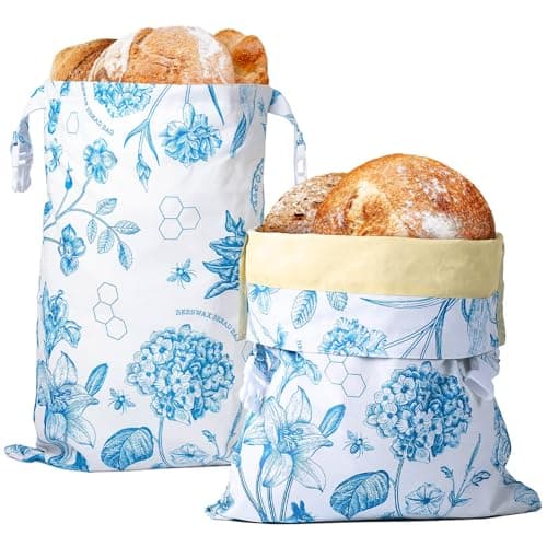 Yolysudo Reusable Vintage Floral Beeswax Bread Bags for Sourdough, 2 Pack Large Beeswax-Lined Cotton Homemade Bread Storage Bags, Natural Freshness Keeper, Blue, 17''x 13" - Image 1
