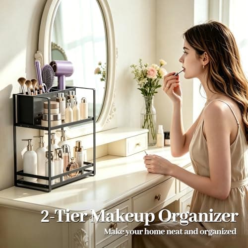 SanDream Hair Tool Organizer Bathroom Countertop, 2-Tier Metal Bathroom Organizer with Blow Dryer Holder, Large Capacity Space-Saving Vanity Shelf for Perfume, Skincare & Makeup Storage (Black) - Thumbnail 5