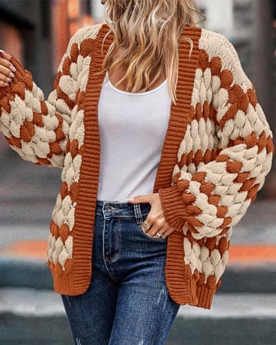 KIRUNDO Womens Sweaters Cardigan Lantern Sleeve Open Front Chunky Cardigan Loose Fashion Color Block Striped Sweater Plus Size Knitwear Halloween Cardigan(Orange, Medium) - Thumbnail 6