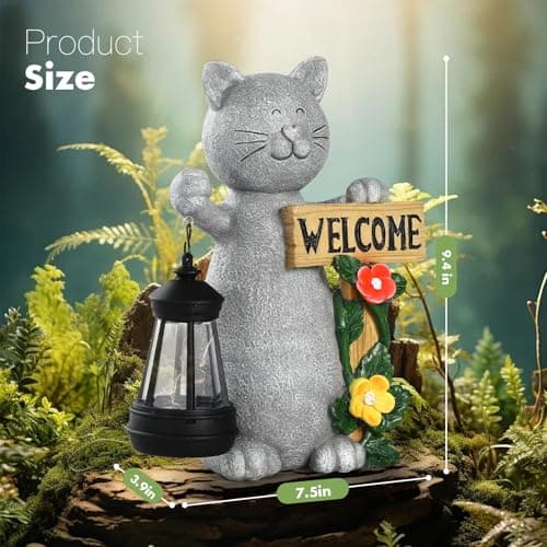 Json Garden Statue Solar Cat Figurine with Lantern, Solar Garden Decorations Statues for Patio, Balcony, Yard Ornament, Unique House Warming Gifts Figurine Lights, Gifts for Women, Mom - Thumbnail 2